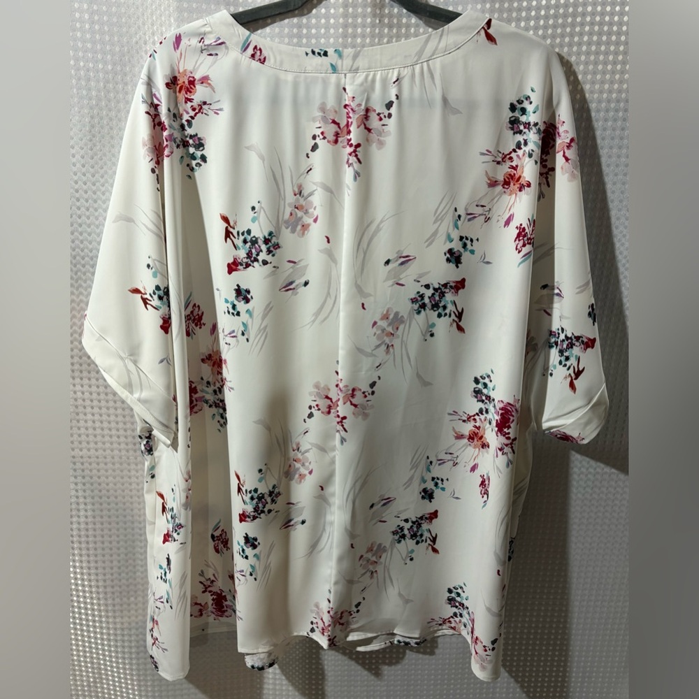BloomChic White Floral V-Neck Blouse with Pink & Blue Accents - Picture 4 of 6
